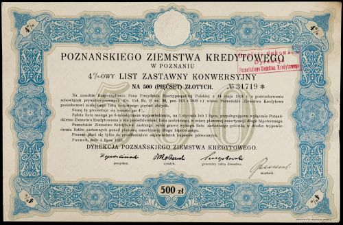 4%-owy list zastawny konwersyjny na 500 (pięćset) złotych Poznańskiego Ziemstwa Kredytowego w Poznan